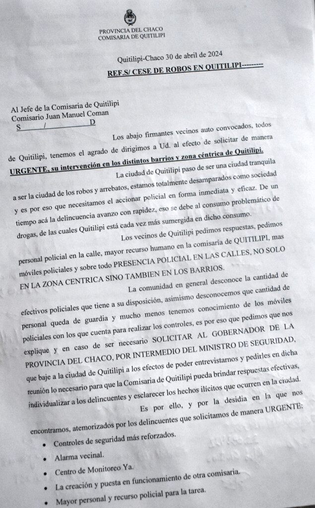 Vecinos exigen mayor seguridad al gobierno provincial, municipal y al comisario 21