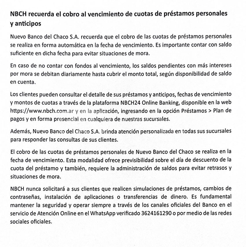 AVISO NBCH. Las cuotas de anticipos y préstamos se descuentan al vencimiento - Quitilipi.com.ar AVISO NBCH. Las cuotas de anticipos y préstamos se descuentan al vencimiento 12