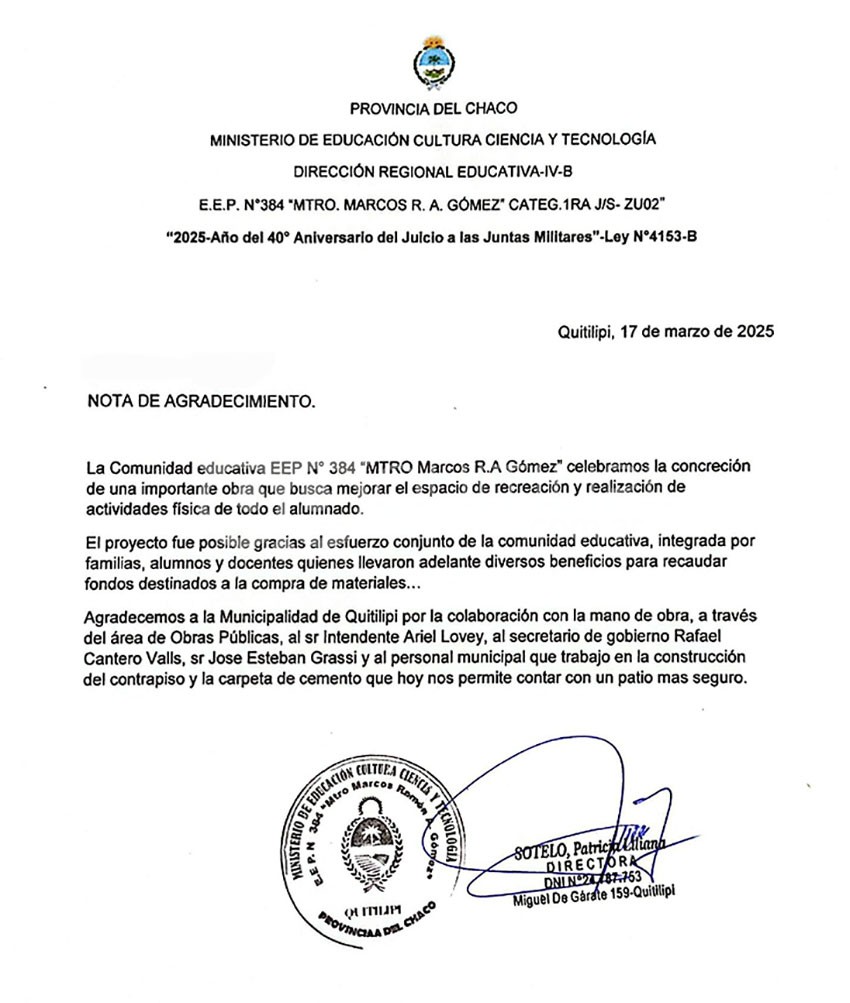 Personal directivo y docente agradecen al municipio la reparación del patio interno de la escuela 15