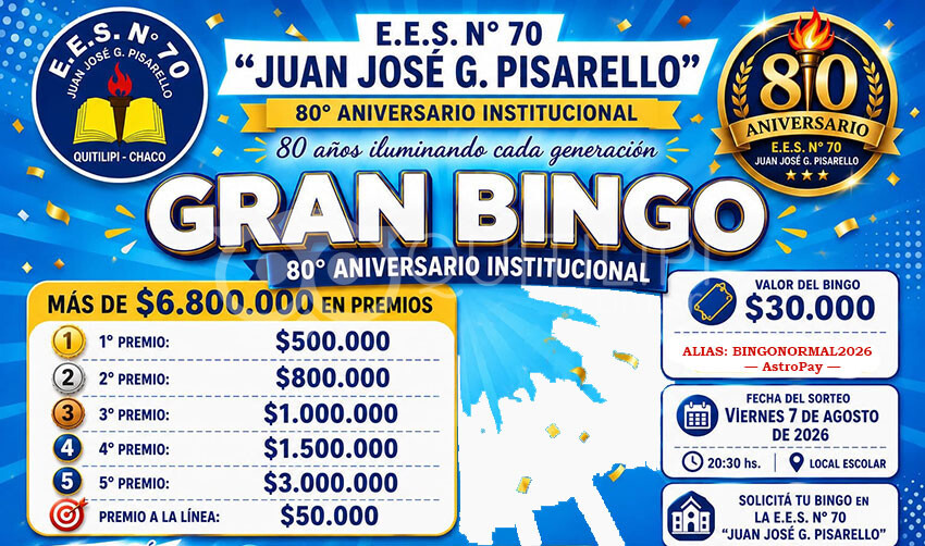 Gran expectativa en Quitilipi: se viene el Bingo benéfico de la E.E.S. N° 70 "Juan José Gualberto Pisarello" - Quitilipi.com.ar Gran expectativa en Quitilipi: se viene el Bingo benéfico de la E.E.S. N° 70 "Juan José Gualberto Pisarello" 24
